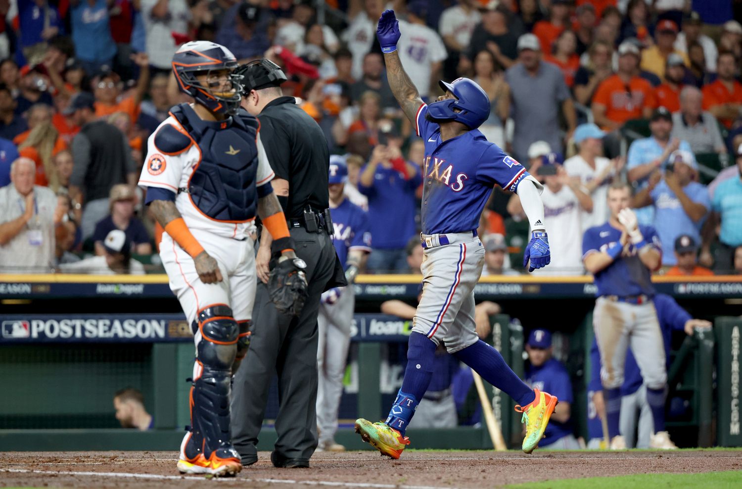 Oct 23, 2023; Houston, Texas, USA; Texas Rangers right fielder Adolis Garcia (53) reacts after hitting a home run during the third inning of game seven in the ALCS against the Houston Astros for the 2023 MLB playoffs at Minute Maid Park. Mandatory Credit: Thomas Shea-USA TODAY Sports
